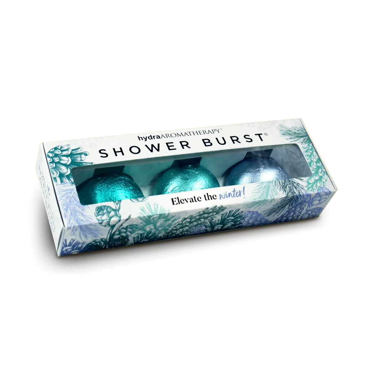 a trio of various blue holiday inspired aromatherapy shower burst