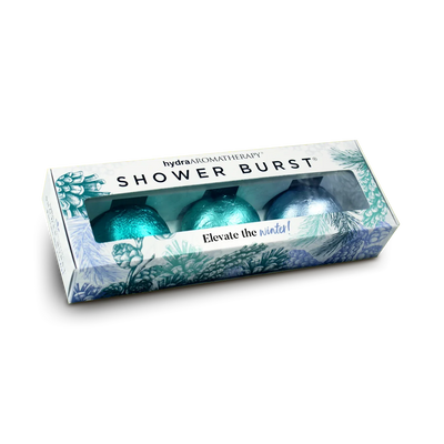 a trio of various blue holiday inspired aromatherapy shower burst